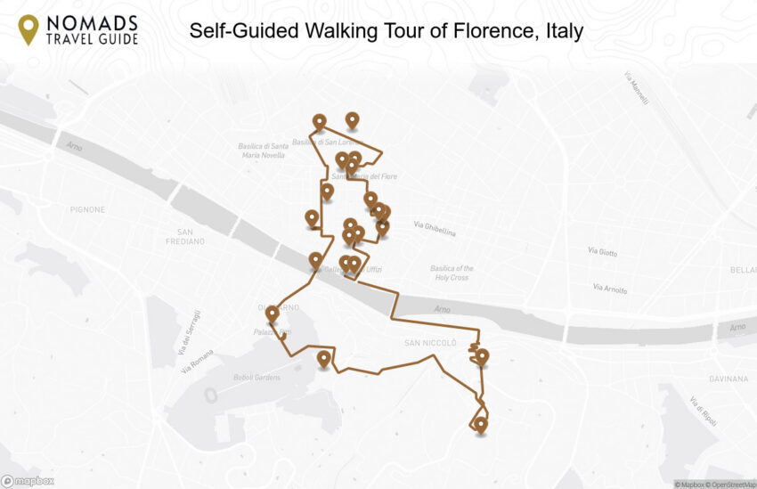 Map of the Self-Guided Walking Tour of Florence, Italy walking route with 21 stops in Florence.