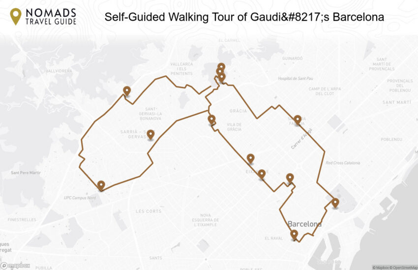Map of the Self-Guided Walking Tour of Gaudi’s Barcelona walking route with 13 stops in Barcelona.