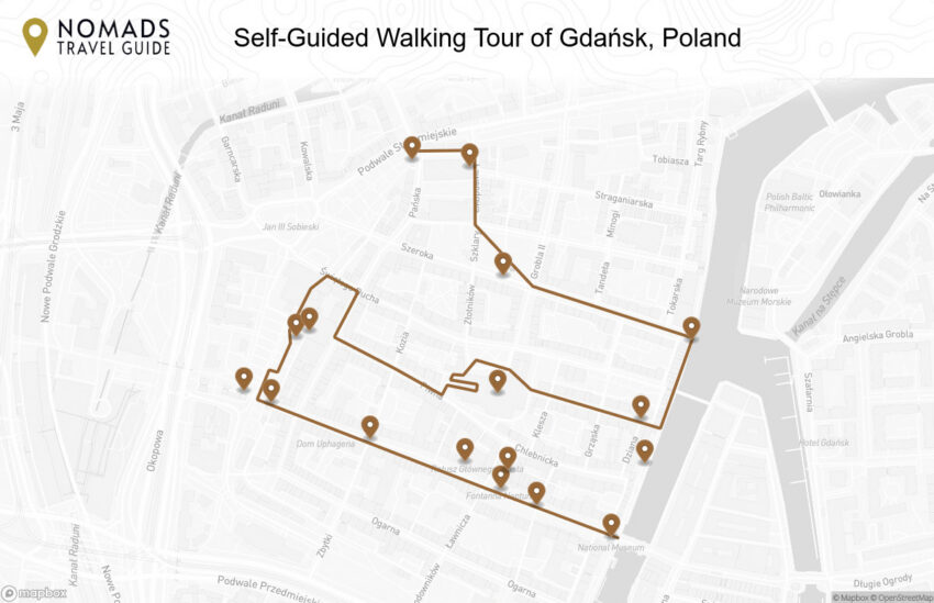 Map of the Self-Guided Walking Tour of Gdańsk, Poland walking route with 17 stops in Gdańsk.