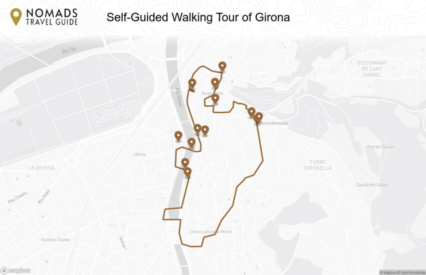 Map of the Self-Guided Walking Tour of Girona walking route with 13 stops in Girona.