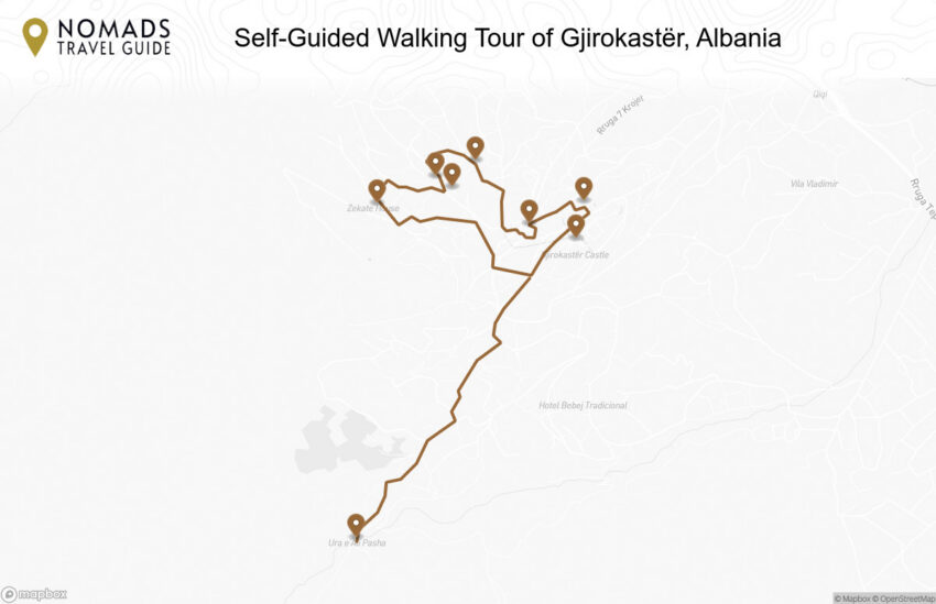 Map of the Self-Guided Walking Tour of Gjirokastër, Albania walking route with 8 stops in Gjirokastër.