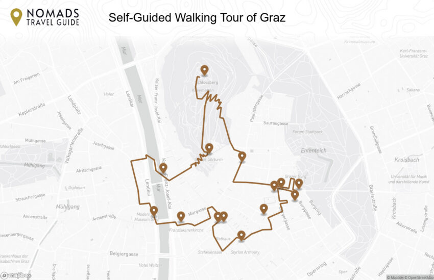 Map of the Self-Guided Walking Tour of Graz (+Maps!) walking route with 14 stops in Graz.