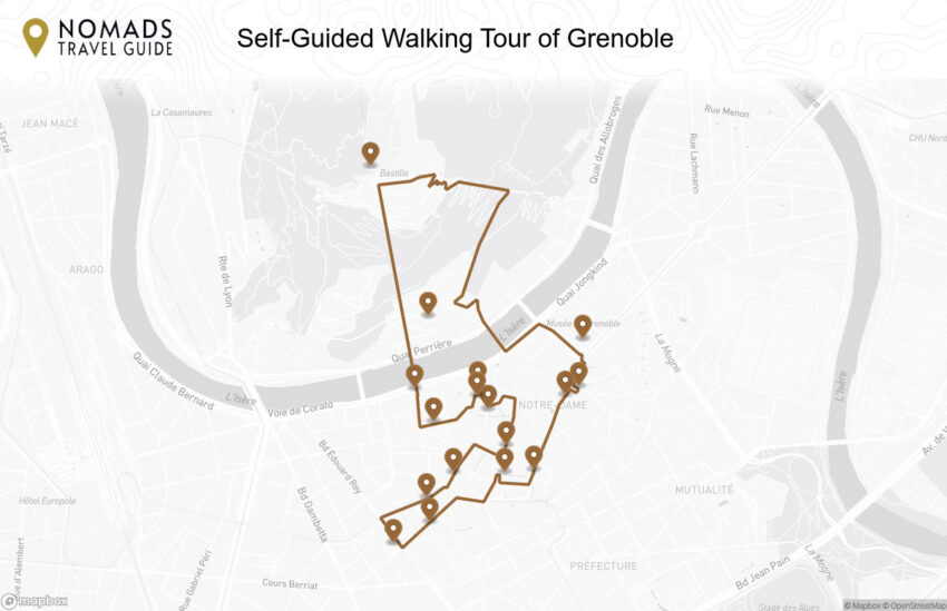 Map of the Self-Guided Walking Tour of Grenoble walking route with 17 stops in Grenoble.