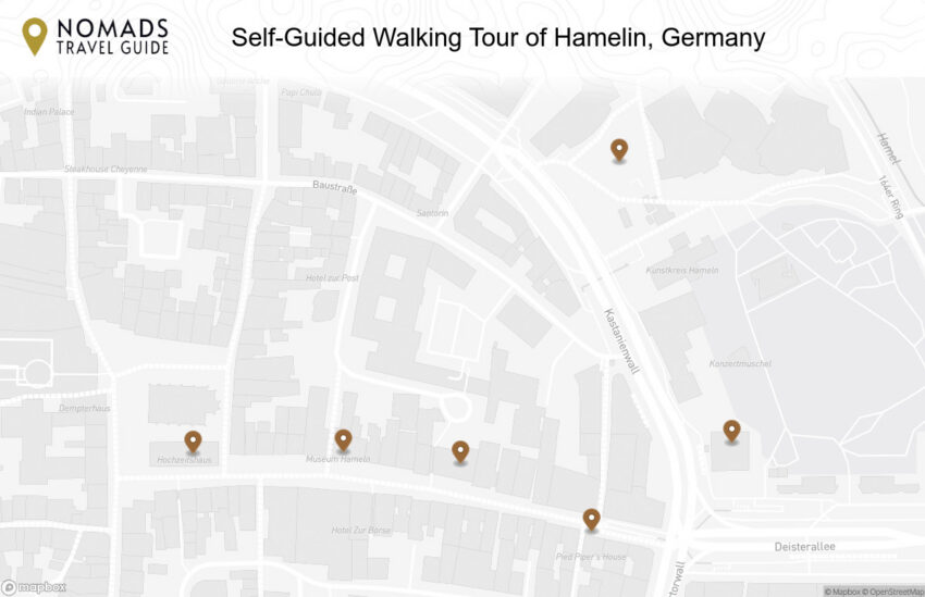 Map of the Self-Guided Walking Tour of Hamelin, Germany walking route with 6 stops in Hamelin.