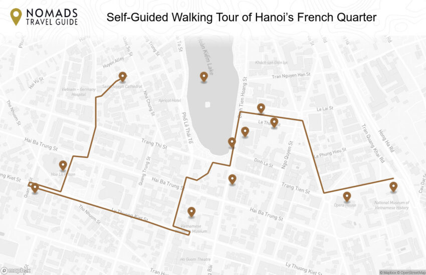 Map of the Self-Guided Walking Tour of Hanoi’s French Quarter walking route with 12 stops in Hanoi.