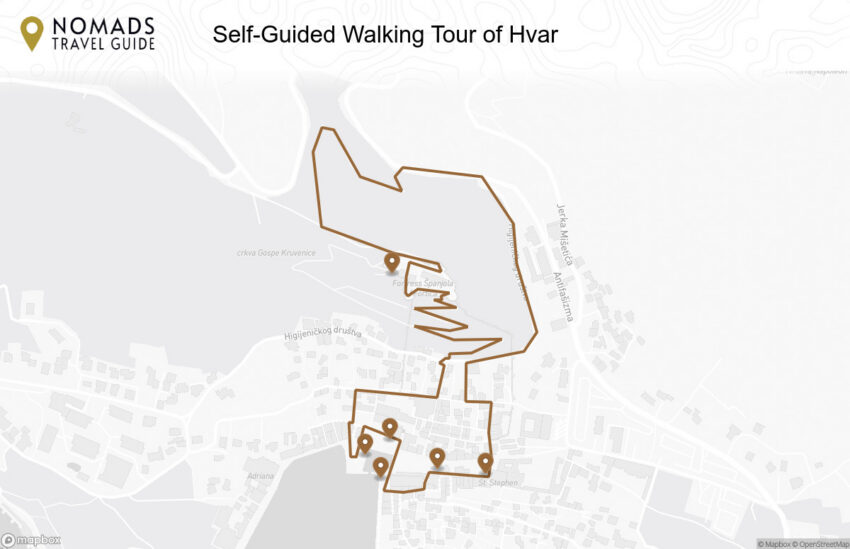 Map of the Self-Guided Walking Tour of Hvar (+ Maps!) walking route with 6 stops in Hvar.