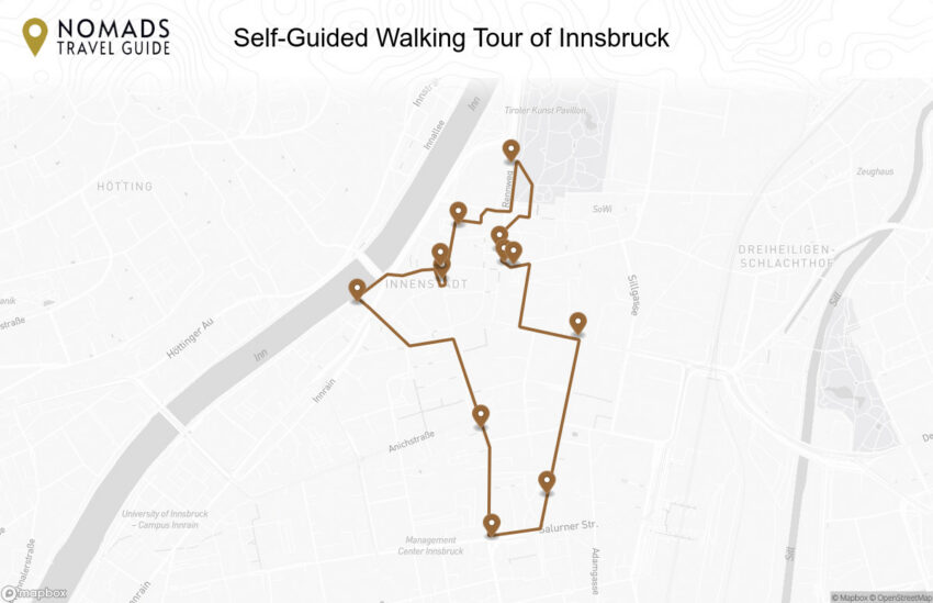 Map of the Self-Guided Walking Tour of Innsbruck (+Maps!) walking route with 12 stops in Innsbruck.