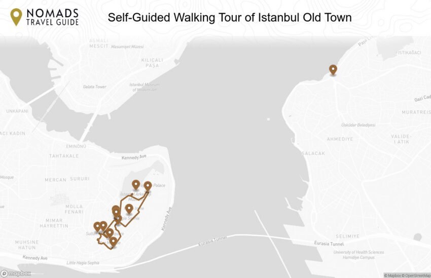 Map of the Self-Guided Walking Tour of Istanbul Old Town walking route with 11 stops in Istanbul.