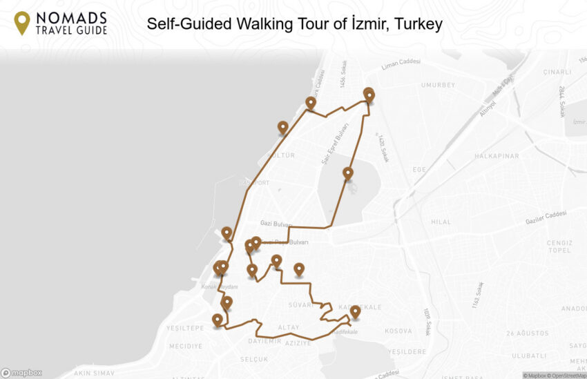 Map of the Self-Guided Walking Tour of İzmir, Turkey walking route with 17 stops in Izmir.