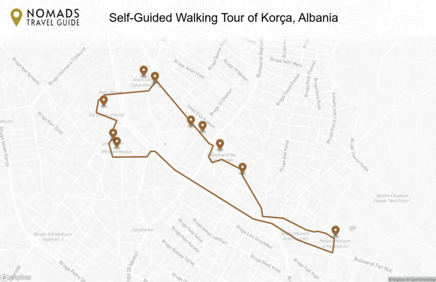 Map of the Self-Guided Walking Tour of Korça, Albania walking route with 10 stops in Korçë.