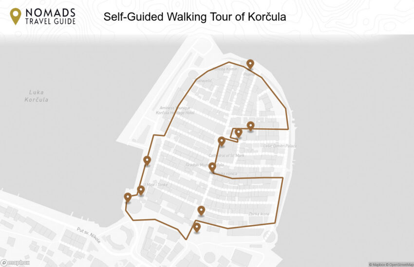 Map of the Self-Guided Walking Tour of Korčula (+ Maps!) walking route with 10 stops in Korcula.