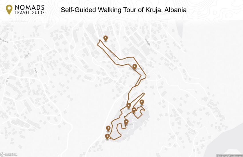 Map of the Self-Guided Walking Tour of Kruja, Albania walking route with 8 stops in Kruja.