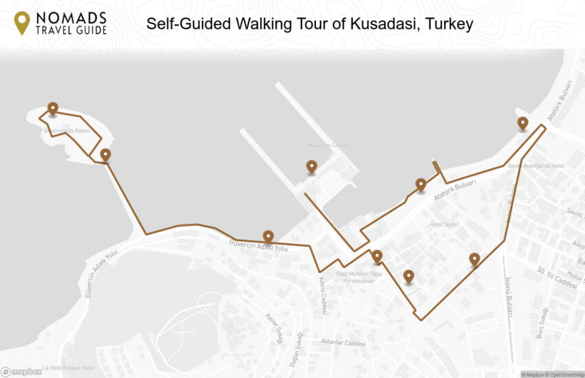 Map of the Self-Guided Walking Tour of Kusadasi, Turkey (+Maps!) walking route with 9 stops in Kusadasi.