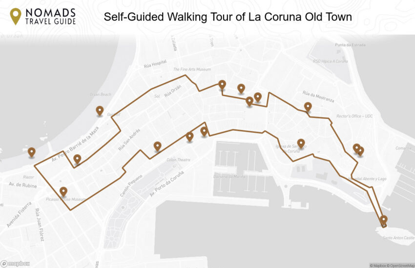 Map of the Self-Guided Walking Tour of La Coruna Old Town walking route with 16 stops in La Coruna.