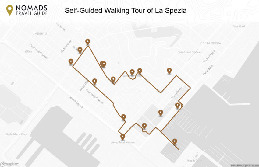 Map of the Self-Guided Walking Tour of La Spezia walking route with 16 stops in La Spezia.