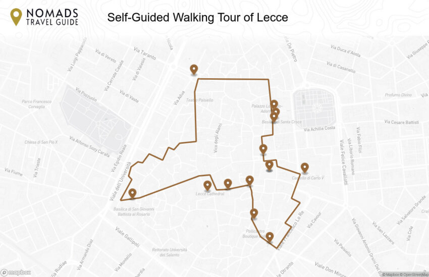 Map of the Self-Guided Walking Tour of Lecce walking route with 14 stops in Lecce.