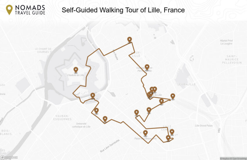 Map of the Self-Guided Walking Tour of Lille, France walking route with 17 stops in Lille.