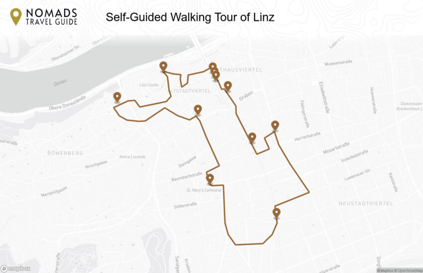 Map of the Self-Guided Walking Tour of Linz (+ Maps!) walking route with 11 stops in Linz.