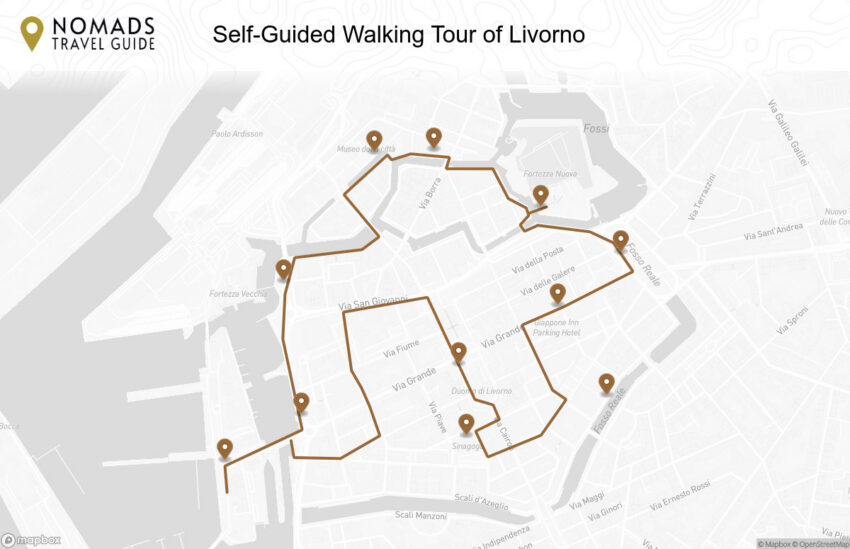 Map of the Self-Guided Walking Tour of Livorno (+Maps) walking route with 11 stops in Livorno.