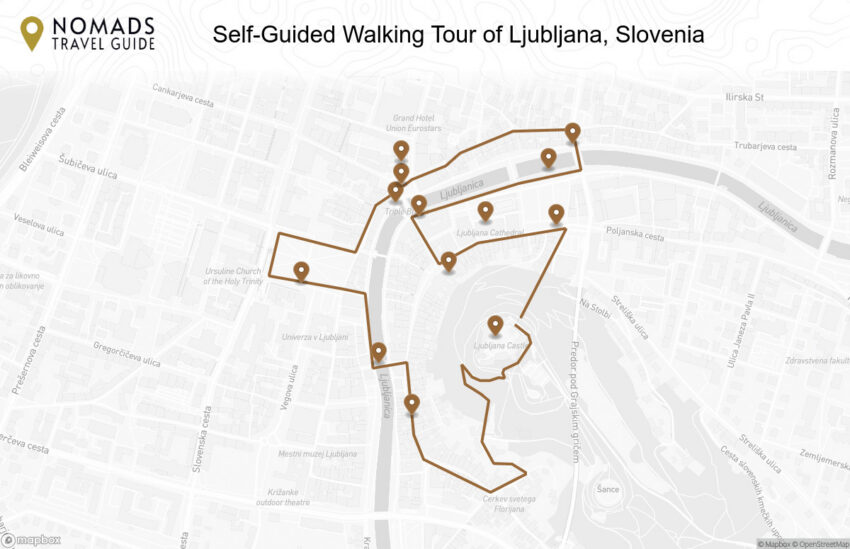 Map of the Self-Guided Walking Tour of Ljubljana, Slovenia walking route with 13 stops in Ljubljana.
