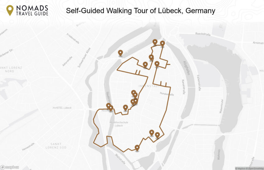 Map of the Self-Guided Walking Tour of Lübeck, Germany walking route with 16 stops in Lübeck.