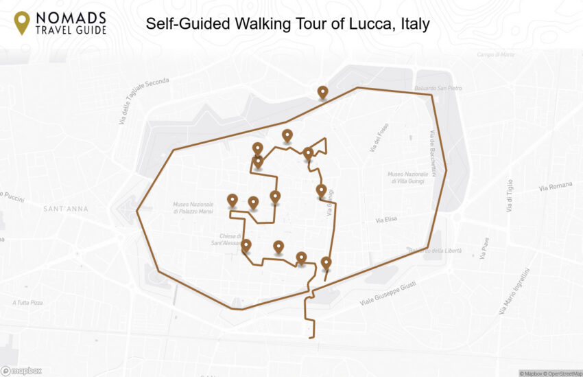 Map of the Self-Guided Walking Tour of Lucca, Italy walking route with 13 stops in Lucca.