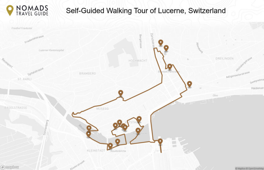 Map of the Self-Guided Walking Tour of Lucerne, Switzerland walking route with 16 stops in Lucerne.