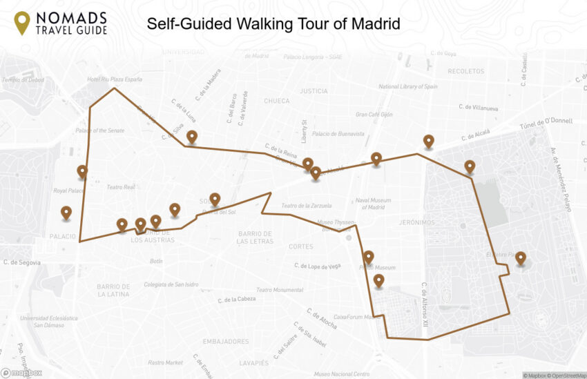 Map of the Self-Guided Walking Tour of Madrid walking route with 16 stops in Madrid.