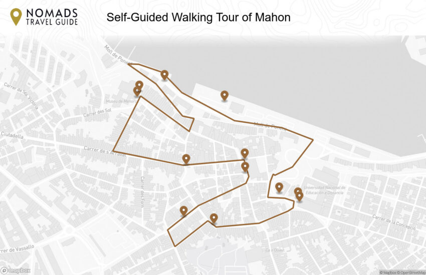 Map of the Self-Guided Walking Tour of Mahon walking route with 12 stops in Mahon.