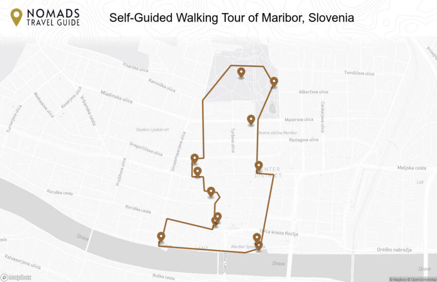 Map of the Self-Guided Walking Tour of Maribor, Slovenia walking route with 12 stops in Maribor.