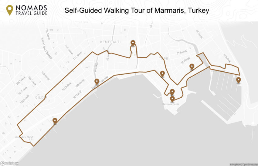 Map of the Self-Guided Walking Tour of Marmaris, Turkey walking route with 8 stops in Marmaris.