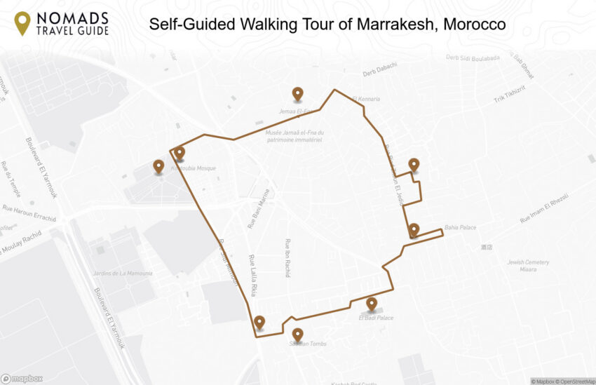 Map of the Self-Guided Walking Tour of Marrakesh, Morocco walking route with 9 stops in Marrakesh.