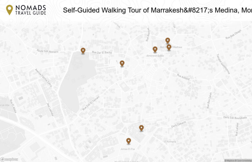 Map of the Self-Guided Walking Tour of Marrakesh’s Medina, Morocco walking route with 7 stops in Marrakesh.