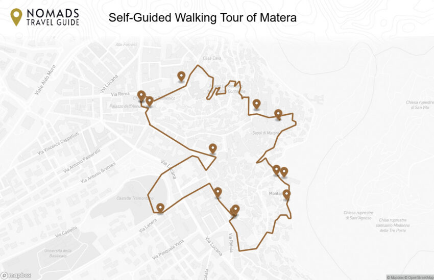 Map of the Self-Guided Walking Tour of Matera walking route with 14 stops in Matera.