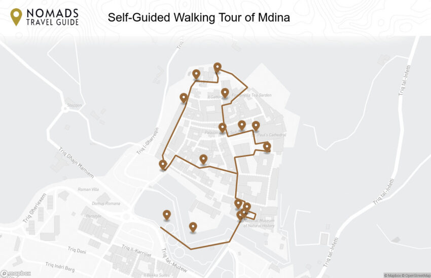Map of the Self-Guided Walking Tour of Mdina walking route with 16 stops in Mdina.