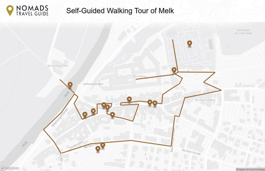 Map of the Self-Guided Walking Tour of Melk (+ Maps!) walking route with 13 stops in Melk.