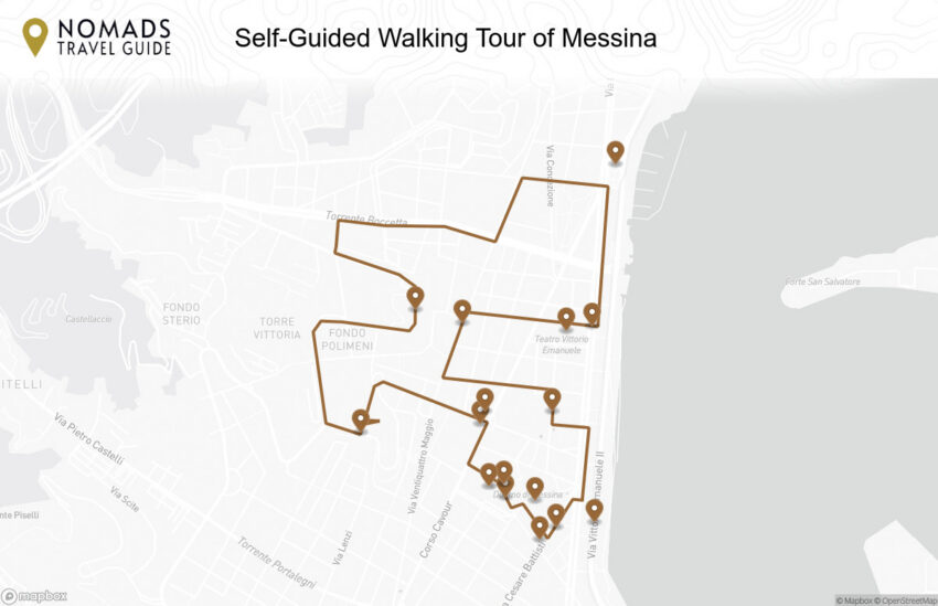 Map of the Self-Guided Walking Tour of Messina walking route with 16 stops in Messina.