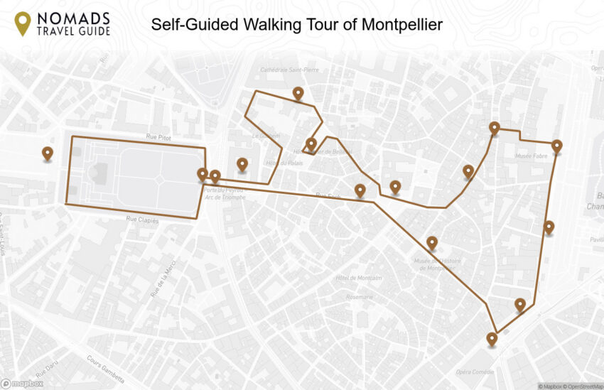 Map of the Self-Guided Walking Tour of Montpellier walking route with 15 stops in Montpellier.