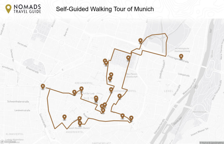 Map of the Self-Guided Walking Tour of Munich walking route with 22 stops in Munich.