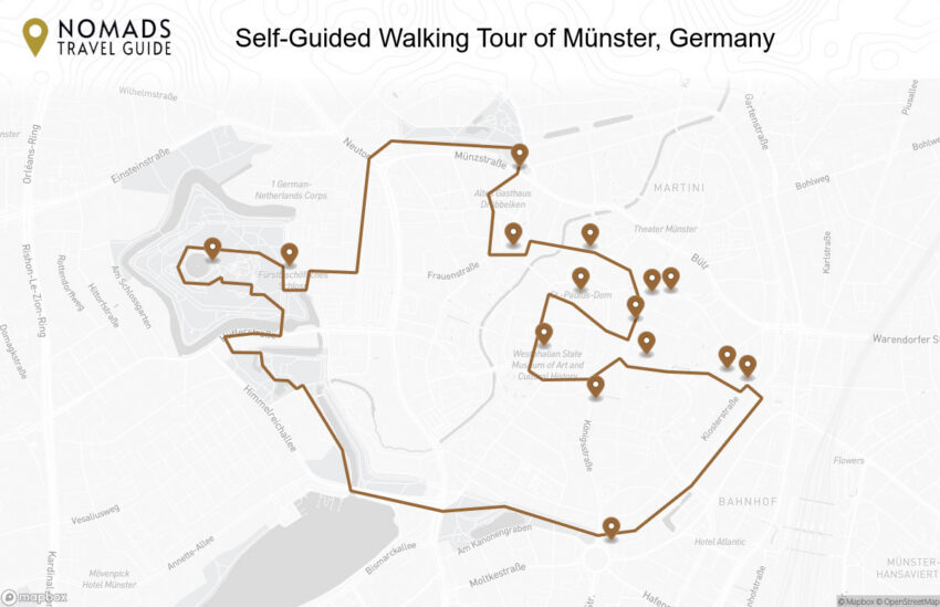 Map of the Self-Guided Walking Tour of Münster, Germany walking route with 15 stops in Münster.