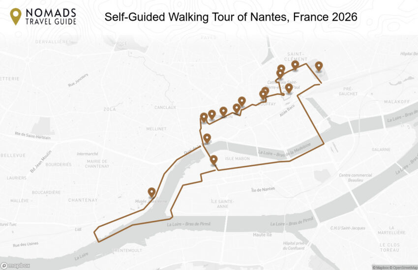 Map of the Self-Guided Walking Tour of Nantes, France walking route with 15 stops in Nantes.