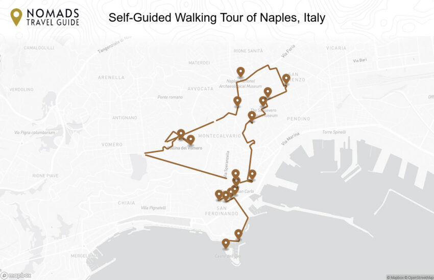 Map of the Self-Guided Walking Tour of Naples, Italy walking route with 17 stops in Naples.