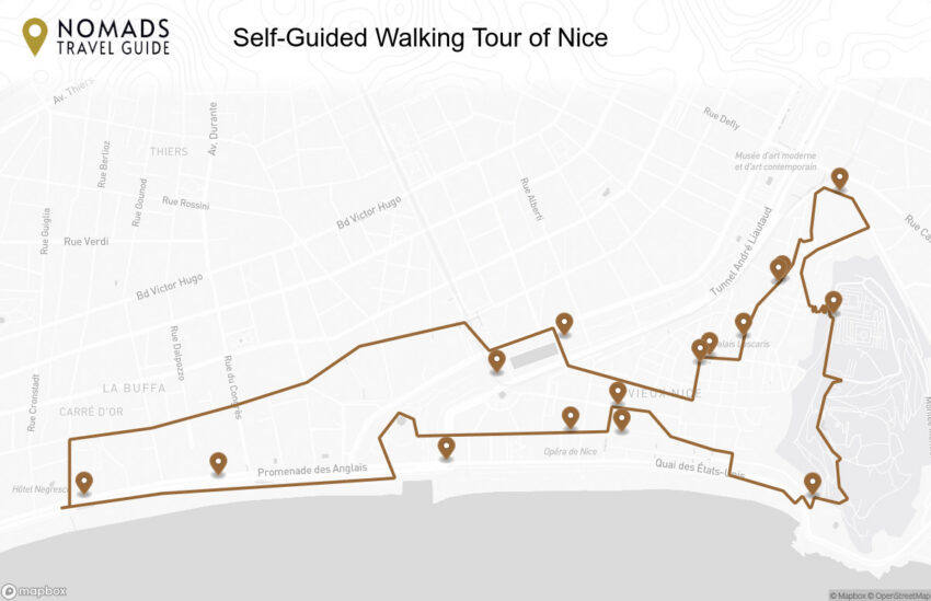 Map of the Self-Guided Walking Tour of Nice walking route with 16 stops in Nice.