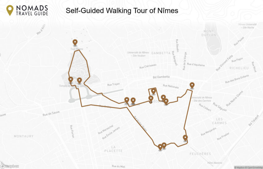 Map of the Self-Guided Walking Tour of Nîmes walking route with 14 stops in Nimes.