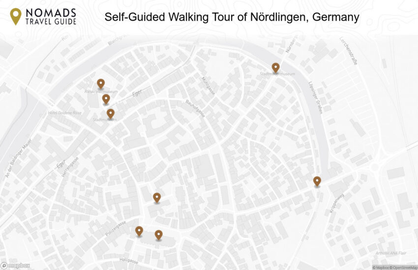 Map of the Self-Guided Walking Tour of Nördlingen, Germany walking route with 8 stops in Nördlingen.