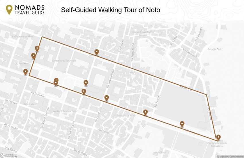 Map of the Self-Guided Walking Tour of Noto (+Maps) walking route with 12 stops in Noto.