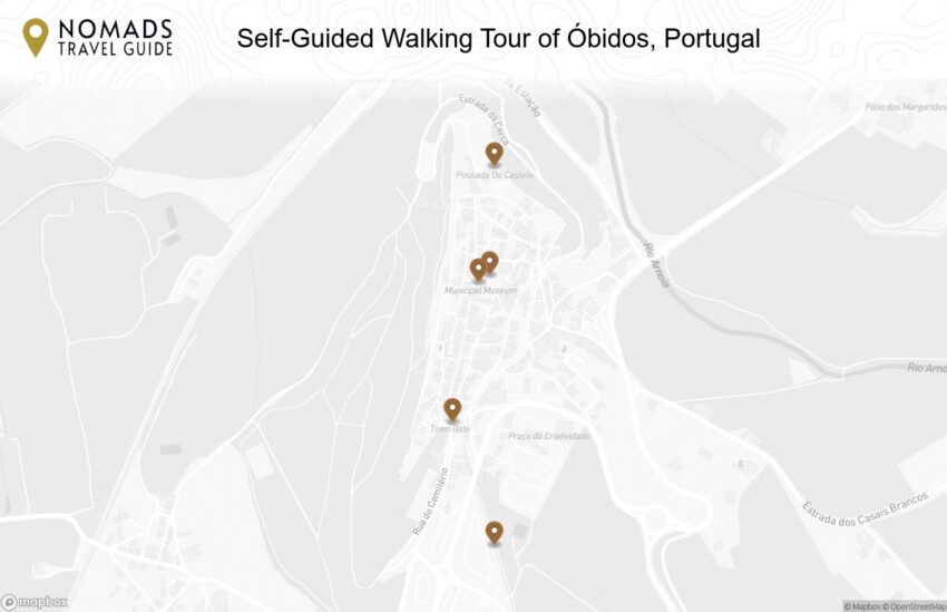 Map of the Self-Guided Walking Tour of Óbidos, Portugal walking route with 5 stops in Óbidos.