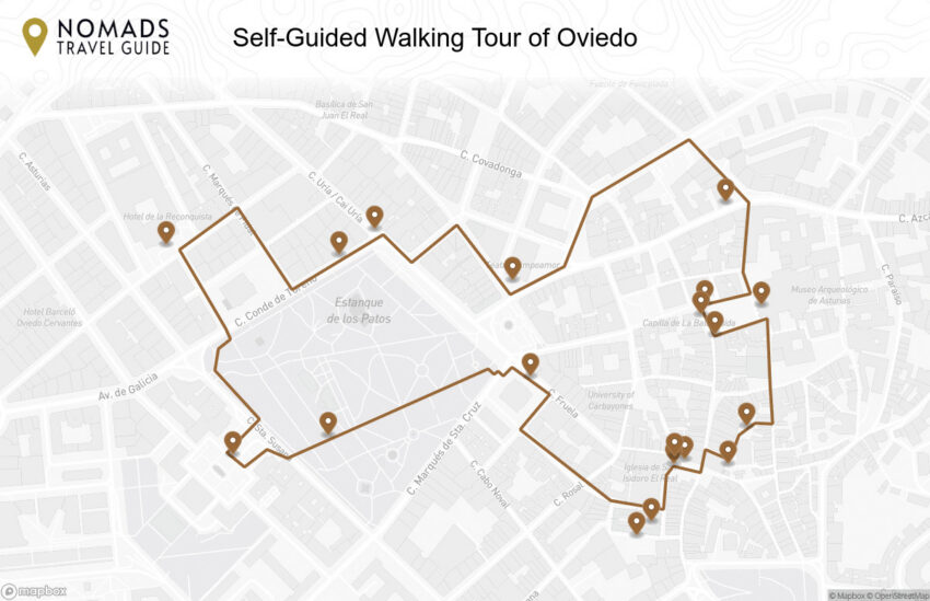 Map of the Self-Guided Walking Tour of Oviedo walking route with 19 stops in Oviedo.