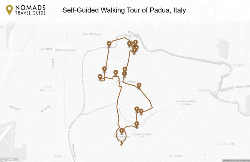 Map of the Self-Guided Walking Tour of Padua, Italy walking route with 16 stops in Padova.