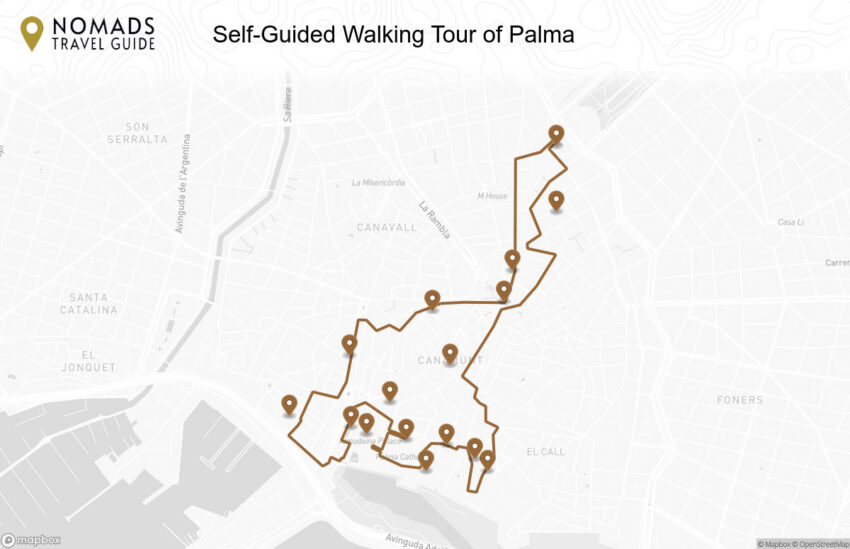 Map of the Self-Guided Walking Tour of Palma walking route with 16 stops in Palma de Mallorca.